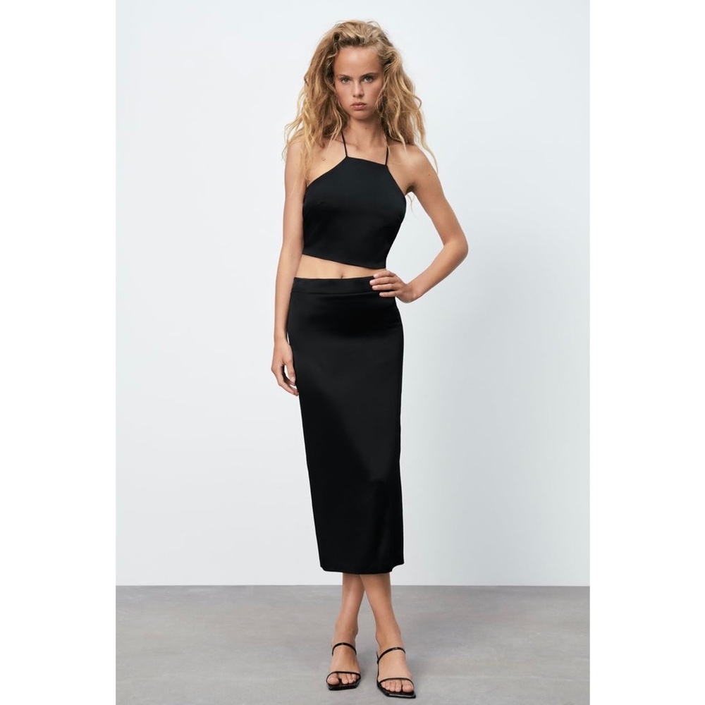 Zara Black Satin Crop Top and Midi Skirt Set